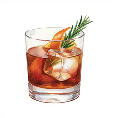 Amaro Herbal Cocktail Watercolor Vector Illustration on White Background
