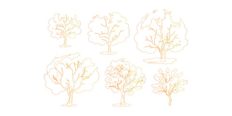 Outlined Trees in Autumn Hues A Collection of Six Deciduous Trees with Bare Branches