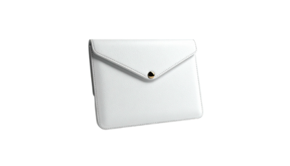 White leather envelope-style sleeve with gold snap, floating on a black background