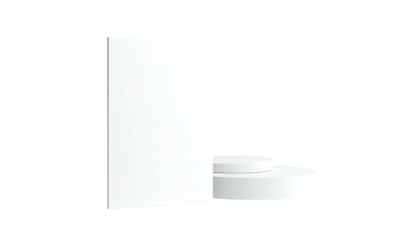 White 3D rectangle beside circular podiums on black background