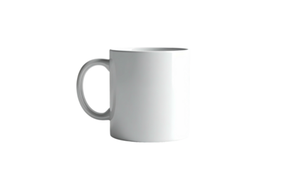 A plain white ceramic mug, set against a dark background