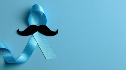 A simple modern design featuring a black mustache paper cutout and a light blue ribbon on a vibrant blue background to symbolize men's health, prostate cancer and World Diabetes Day awareness