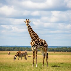 Obraz premium Giraffe and Zebra Grazing in African Savannah Landscape.