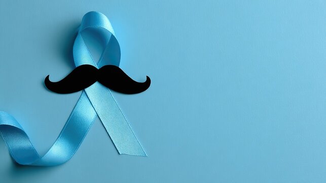 A simple modern design featuring a black mustache paper cutout and a light blue ribbon on a vibrant blue background to symbolize men's health, prostate cancer and World Diabetes Day awareness
