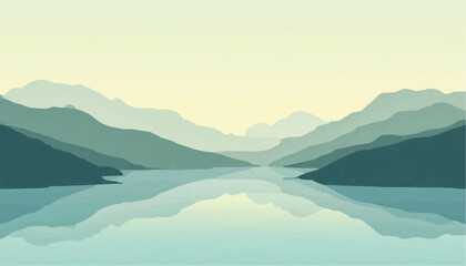 Obraz premium Abstract Mountain Landscape with Calm Water in Soft Blue and Green Tones
