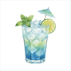 Crushed Ice Blue Cocktail with Umbrella, Tropical Watercolor Drink Illustration on White Background
