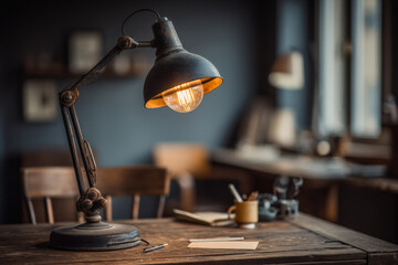 Warm desk lamp illuminating a prompt card for evening reflection and journaling