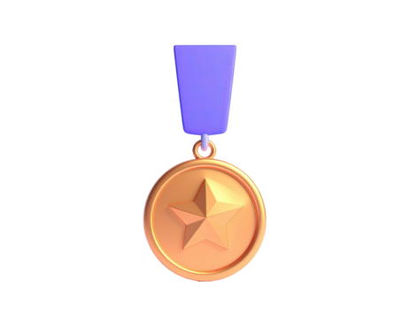 A 3D rendered bronze medal with a gold star and purple ribbon, on black - Powered by Adobe