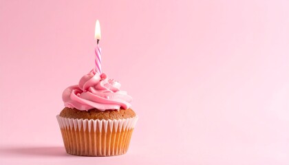 Pink Birthday Cupcake with Candle.