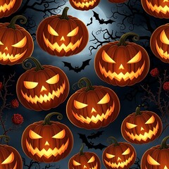 Spooky Halloween Pumpkins with Glowing Faces and Bats in the Night Sky.
