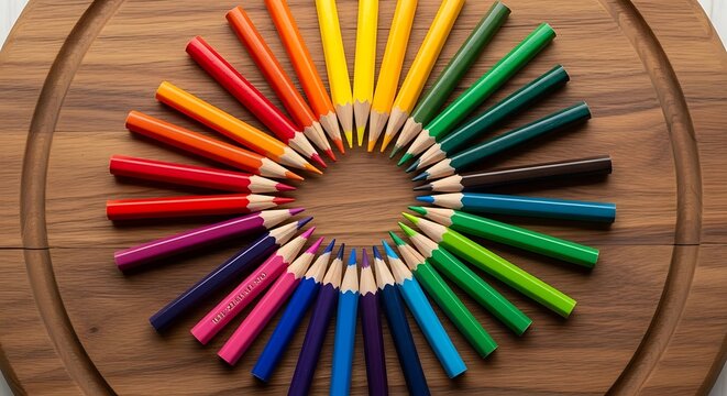 Colorful Pencils Arranged in a Circle on Wooden Background.