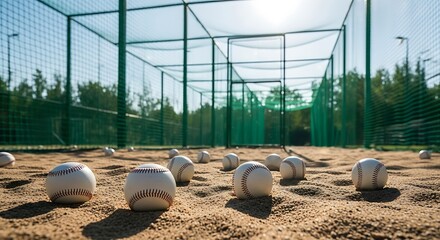 Baseball Practice - Baseballs Scattered on Field in Batting Cage.