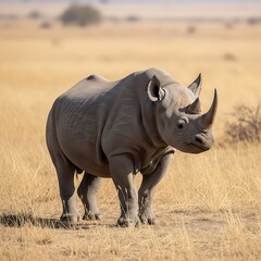 Obraz premium Majestic Black Rhinoceros Standing Tall in African Savannah.
