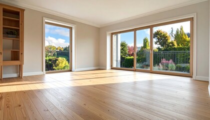 Fototapeta premium A sun-drenched interior space showcases expansive, sliding glass doors that reveal a serene garden vista.