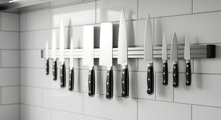 complete set of professional chef knives arranged on a magnetic holder against a clean white tiled kitchen wall
