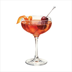 Watercolor Manhattan Cocktail Illustration on White Background
