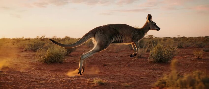 A kangaroo hopping across the iconic Australian outback during a golden sunset. A symbol of Australia's unique wildlife and vast, rugged landscapes