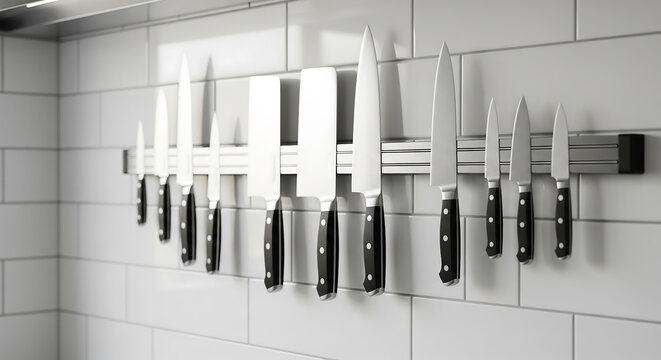 complete set of professional chef knives arranged on a magnetic holder against a clean white tiled kitchen wall - Powered by Adobe