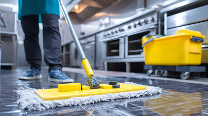 Worker mops kitchen floor with yellow mop and mobile cleaning equipment bucket.
