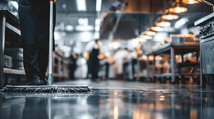 Worker cleans wet kitchen floor with mop, many chefs blurred in background.