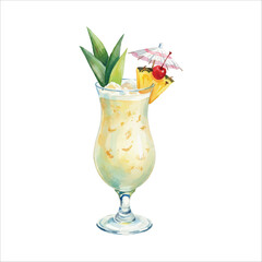 Piña Colada Watercolor Cocktail Illustration Isolated on White
