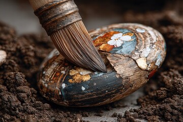 Realistic close-up of an ancient artifact being gently cleaned with a brush in soil, detailed textures, natural light, photorealistic, high resolution.