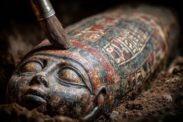Realistic close-up of an ancient artifact being gently cleaned with a brush in soil, detailed textures, natural light, photorealistic, high resolution.