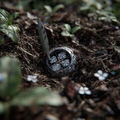Realistic close-up of an ancient artifact being gently cleaned with a brush in soil, detailed textures, natural light, photorealistic, high resolution.