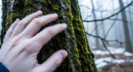 Hand Touching Mossy Tree Bark in Winter Forest.