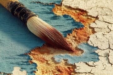 Realistic close-up of an ancient artifact being gently cleaned with a brush in soil, detailed textures, natural light, photorealistic, high resolution.