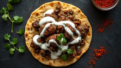 Ground lamb flatbread drizzled with yogurt, featuring warm spices in an overhead view with professional food styling lighting.