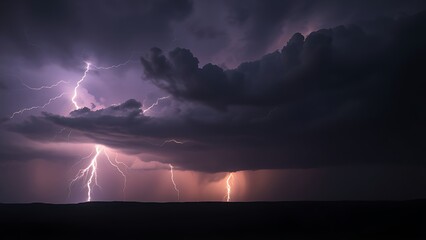 A dramatic lightning storm illuminates a dark landscape, capturing the raw power of nature with glowing cloud details.