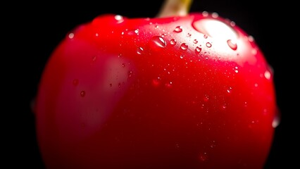 Extreme close-up of a ripe cherry with water droplets, emphasizing vibrant red color.