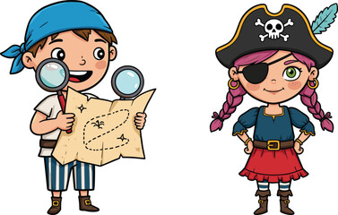 Cartoon pirate children, boy with treasure map, girl pirate with hat, adventure illustration, kids exploring, playful fantasy, treasure hunt, exploration