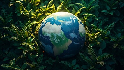 Earth globe enveloped by vibrant greenery under a glowing atmospheric light.