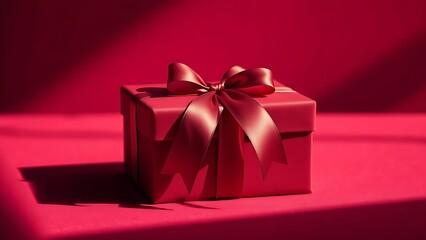 Elegant crimson gift box with satin ribbon, radiating a festive and luxurious atmosphere in minimalist style.