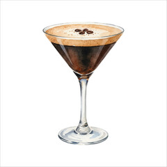 Espresso Martini Watercolor Cocktail Illustration on White
