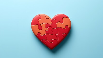 Heart-shaped puzzle on a light blue background, symbolizing autism awareness with soft overhead light.