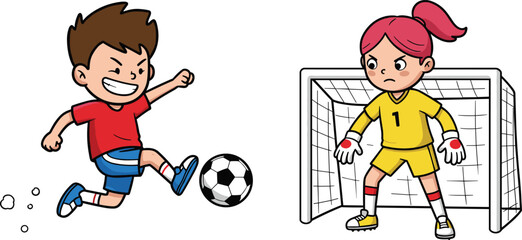 Cartoon soccer boy kicking ball, girl goalkeeper in action, youth football match, sports illustration, dynamic play, animated children sports scene