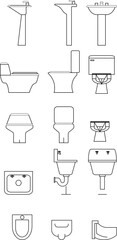 Minimalist line-drawn bathroom fixtures — includes toilets, sinks, bidets, and urinals for interior design, architectural plans, or plumbing layout visualization.