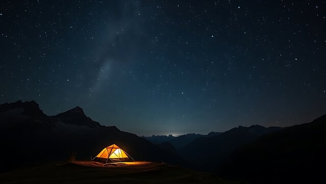 Starry mountain landscape at night with an illuminated tent under the milky way, serene and vast. - Powered by Adobe