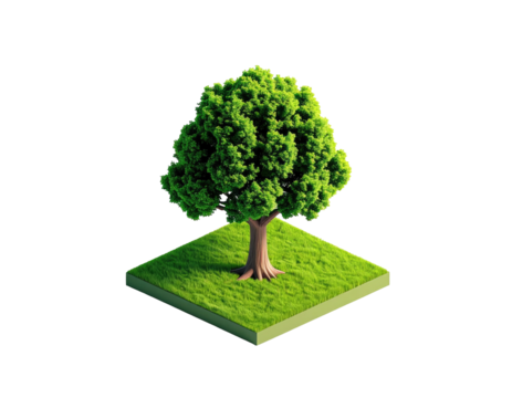 Isometric view of a lush green tree on a grass-covered square, isolated