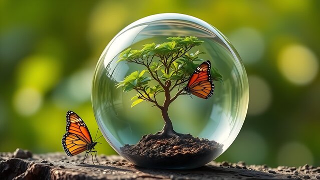 Glass globe containing a miniature tree with a butterfly, representing nature's fragility.