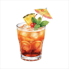 Mai Tai Watercolor Cocktail Illustration Isolated on White
