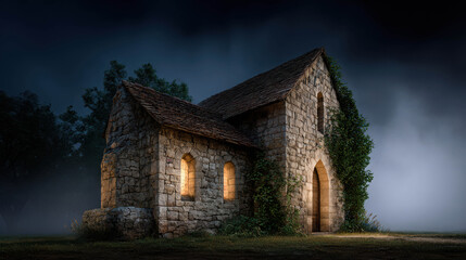 Fototapeta premium Serene Stone Chapel in the Misty Countryside Surrounded by Lush Greenery and Enigmatic Atmosphere at Dusk