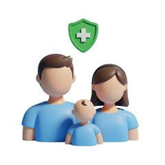 3D rendering of a family with health insurance protected by a shield concept for healthcare and financial secu