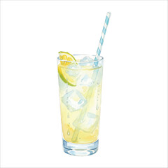 Tom Collins Watercolor Cocktail Illustration Isolated on White
