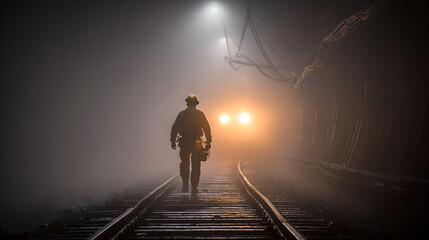 Lone miner silhouette walking down dark, misty tracks towards a bright underground vehicle.

