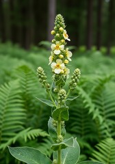 Verbascum Thapsus Blossom in Focus with Fern Background.