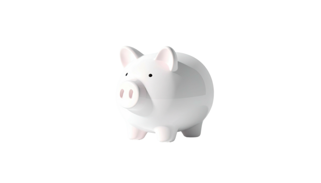 A glossy white piggy bank stands against a stark black backdrop, slightly lit